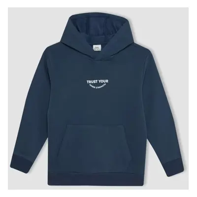 DEFACTO Boy Navy Blue Pocket Text Printed Hooded Thick School Sweatshirt