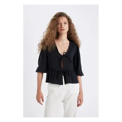 DEFACTO Women's Black Regular Fit V Neck Modal Front Tie Long Sleeve Blouse