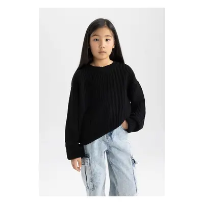 DEFACTO Girl Black Standard Fit Crew Neck Basic Plain Knitwear Sweater