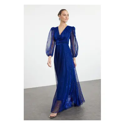 Trendyol Saxe A-Cut Tulle Knitted Long Elegant Evening Dress