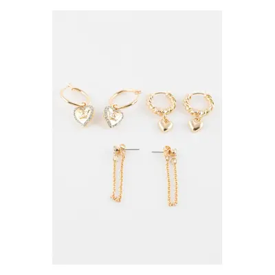 DEFACTO Women's 3-Piece Gold Earrings with Heart Motif