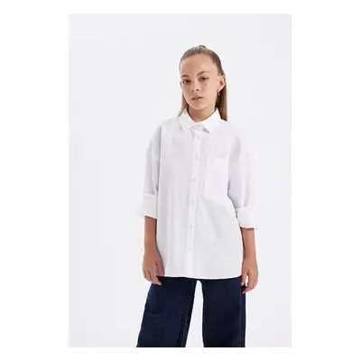 DEFACTO Girls Oversize Fit Poplin Long Sleeve White School Shirt