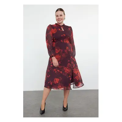 Trendyol Curve Burgundy Floral Patterned Chiffon Lined Slit Midi Woven Dress