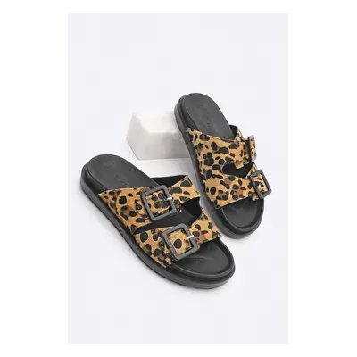 Marjin Women's Double Buckle Leopard Patterned Daily Slippers Bervas Leopard