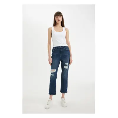 DEFACTO Mary Vintage Straight Fit Ripped Detailed High Waist Ankle Length Jean Trousers