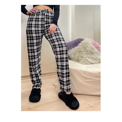 17947 Dewberry Plaid Checkered Cotton Velvet Pyjama Bottoms-BLACK-WHITE