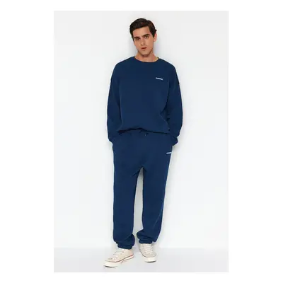 Trendyol Indigo Tracksuit Oversize/Wide Cut Text Printed Inside Polar Fleece/Warm