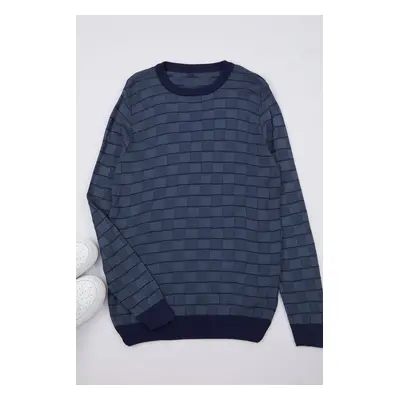 Trendyol Indigo Slim Crew Neck Striped Knitwear Sweater