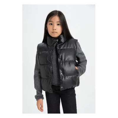 DEFACTO Girl's Water Repellent Stand Collar Snap Faux Leather Puffer Vest