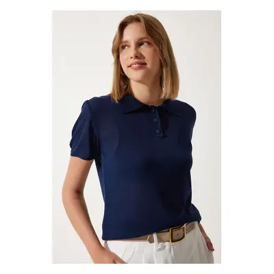 Happiness İstanbul Women's Navy Blue Polo Neck Light Transparent Summer Knitwear Blouse