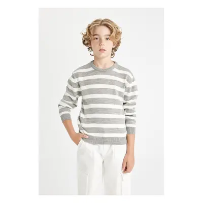 DEFACTO Boy's Gray Crew Neck Striped Sweater