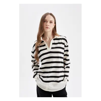 DEFACTO Women's Striped Polo Neck Hem Detailed Long Sleeve T-Shirt Tunic