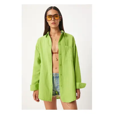 Happiness İstanbul Women's Pistachio Green Oversize Basic Muslin Shirt