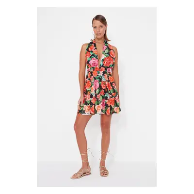 Trendyol Floral Patterned Mini Woven Beach Dress with Cleavage, 100% Cotton