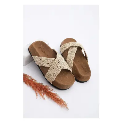 Marjin Women's Hand Knitted Mushroom Pattern Sole Cross Band Wicker Daily Slippers Parsey Beige 