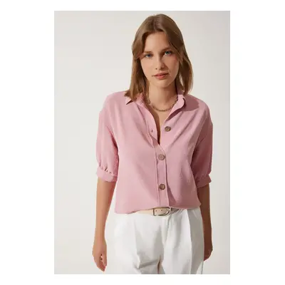 Happiness İstanbul Women's Pink Balloon Sleeve Linen Ayrobin Shirt