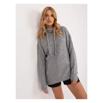 Gray long oversize sweater with drawstrings