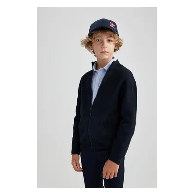 DEFACTO Boy Navy Blue Half Turtleneck Knitwear School Basic Cardigan