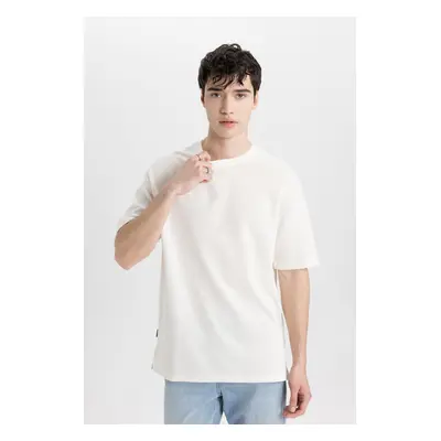 DEFACTO Men's Beige Comfort Fit Relaxed Fit Crew Neck Heavy Fabric Short Sleeve Basic T-Shirt