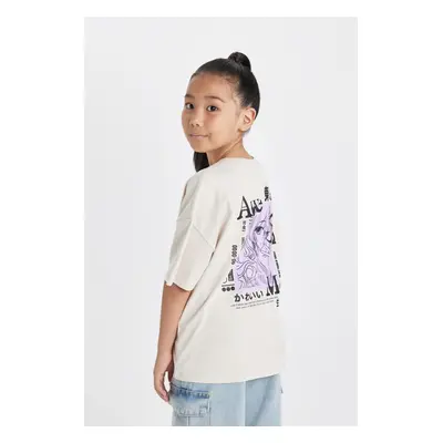 DEFACTO Girl's Oversize Fit Crew Neck Printed Short Sleeve T-Shirt