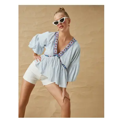 Koton Embroidery Detailed Blouse V-Neck with Balloon Sleeves