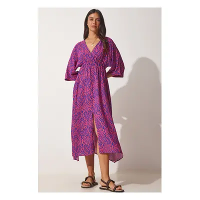 Happiness İstanbul Women's Dark Pink Blue Deep V Neck Summer Long Viscose Dress