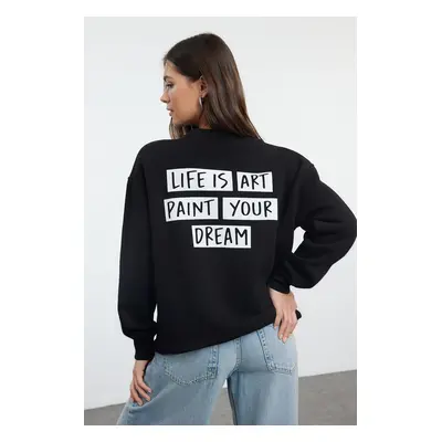 Trendyol Black Slogan Oversize / Wide Fit Thick Fleece Inside Knitted Sweatshirt