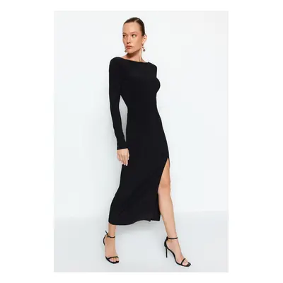 Trendyol Black Boat Neck Backless Slit Fitted Maxi Flexible Knitted Dress