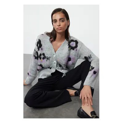 Trendyol Gray Soft Textured Floral Patterned Knitwear Cardigan