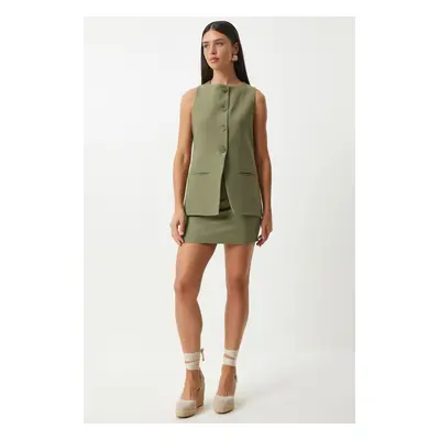 Happiness İstanbul Women's Khaki Sleeveless Vest Mini Skirt Woven Suit