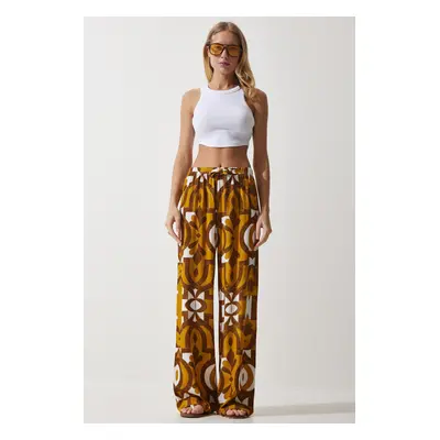 Happiness İstanbul Women's Mustard Patterned Flowing Viscose Palazzo Trousers