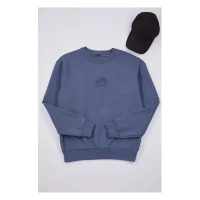 Trendyol Indigo Oversize/Wide Cut Embossed Text Printed Sweatshirt