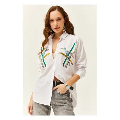 Olalook Women's Ecru Colored Sequin Stick Woven Shirt