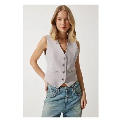 Happiness İstanbul Women's Gray Body-Fitting Short Woven Vest