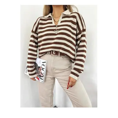 51782 Dewberry Polo Neck Striped Long Sleeve Sweater-COFFEE