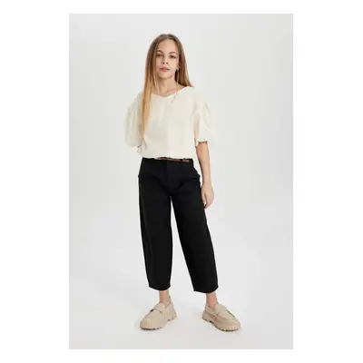 DEFACTO Girl's Barrel Fit Wide Leg Cotton Belted Trousers