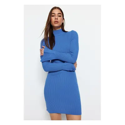 Trendyol Blue Mini Knit Basic Stand Collar Dress