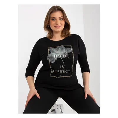 Black plus size blouse with application and inscription