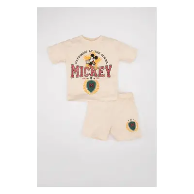 DEFACTO Baby Boy Disney Mickey & Minnie Short Sleeve T-Shirt Shorts Combed Cotton 2-Piece Set