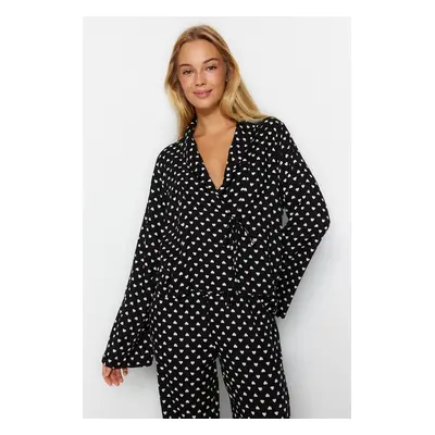 Trendyol Black Heart Patterned Lace-Up Detailed Viscose Woven Pajamas Set