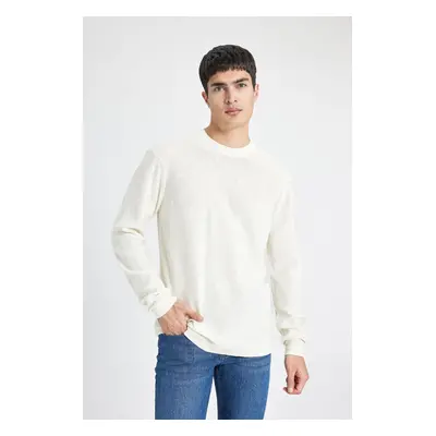 DEFACTO Men's Ecru Standard Fit Regular Cut Crew Neck Basic Plain Knitwear Sweater