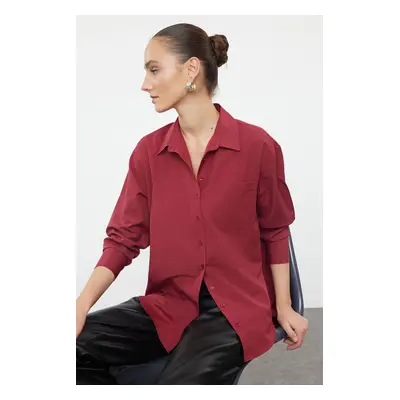 Trendyol Dark Red Single Pocket Boyfriend/Wide Fit Cotton Woven Shirt