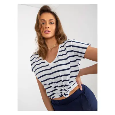 Women's striped T-shirt in white and navy blue with a V-neck