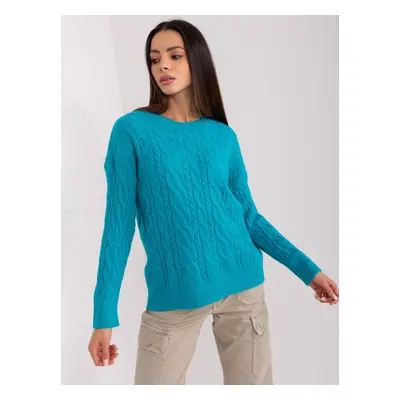 Turquoise sweater with cables and cuffs