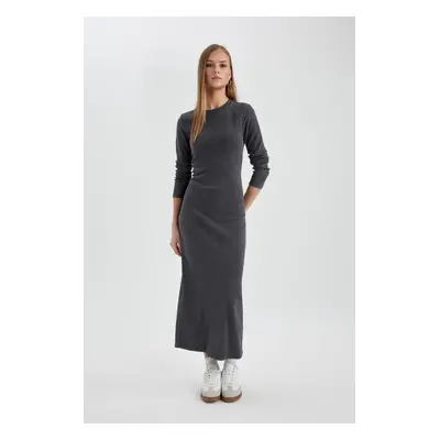 DEFACTO Bodycon Crew Neck Ribbed Camisole Maxi Long Sleeve Washed Fade Effect Dress