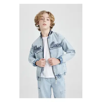 DEFACTO Boys College Collar Zipper Closure Pocket Seasonal Lightweight Printed Jean Bomber Jacke