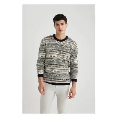 DEFACTO Men's Green Standard Fit Regular Cut Crew Neck Wool Blend Jacquard Knitwear Sweater