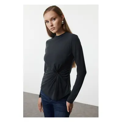 Trendyol Anthracite 100% Modal Content Gathering Detailed Crew Neck Asymmetrical Knitted Blouse