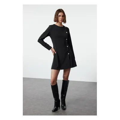 Trendyol Black Fitted/Body-Smooth Button Detailed Crew Neck Mini Woven Dress