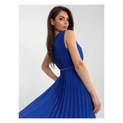 Cobalt blue pleated midi dress with belt